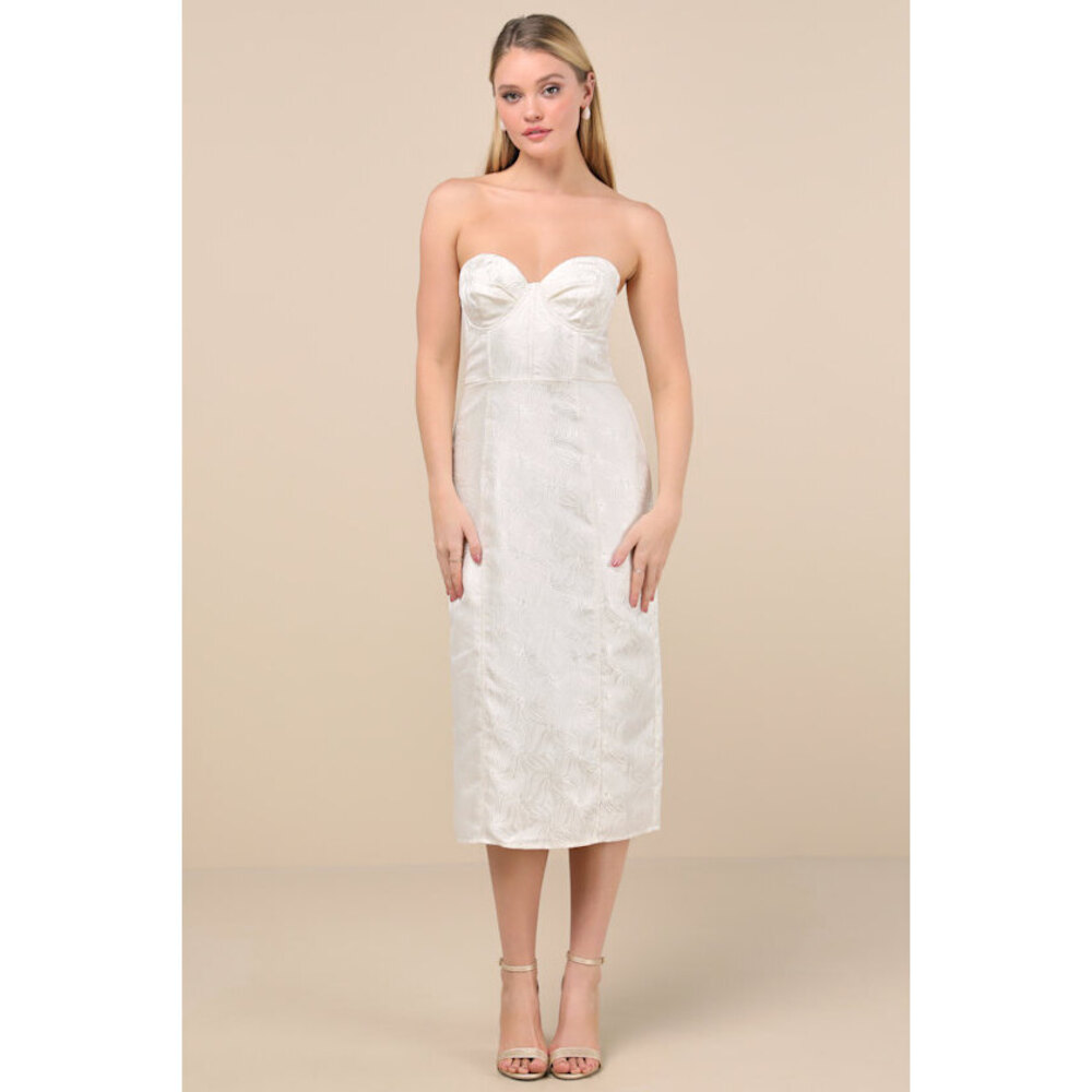 Lulus Adena White Jacquard Strapless Bustier Midi Dress - Size L